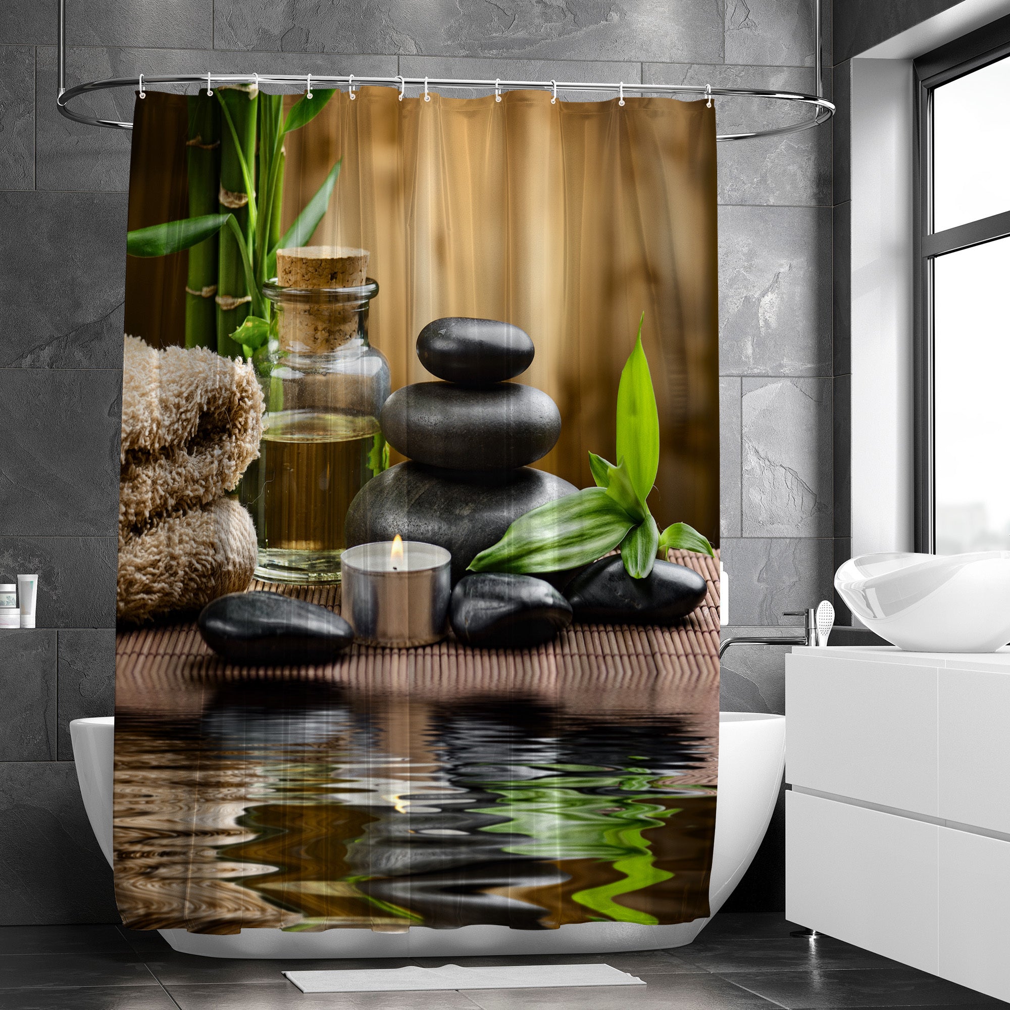 Waterproof Shower Curtain Stone Glass Bottle Bamboo 182x182 cm