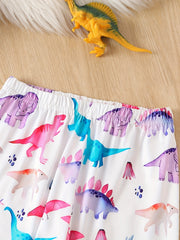 Girl's Dino Print Pajama Set Button Front Top & Elastic Pants