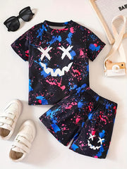 Boy's Cartoon & Smile Graphics 2PC Short Sleeve T Shirt & Shorts Set