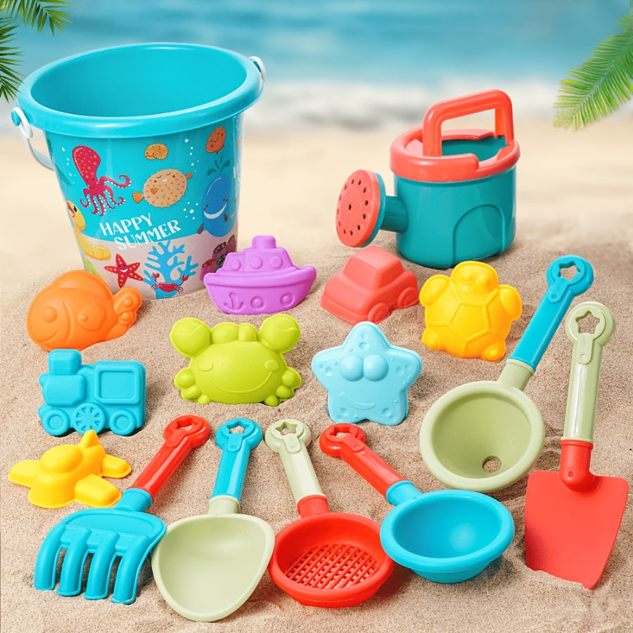 16pcs Colorful PP Sand Toys Buckets Shovels Rakes & Molds
