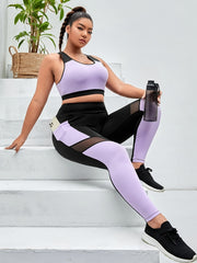 Colorblock Cut Out Crop Tank & Mesh Yoga Leggings Set