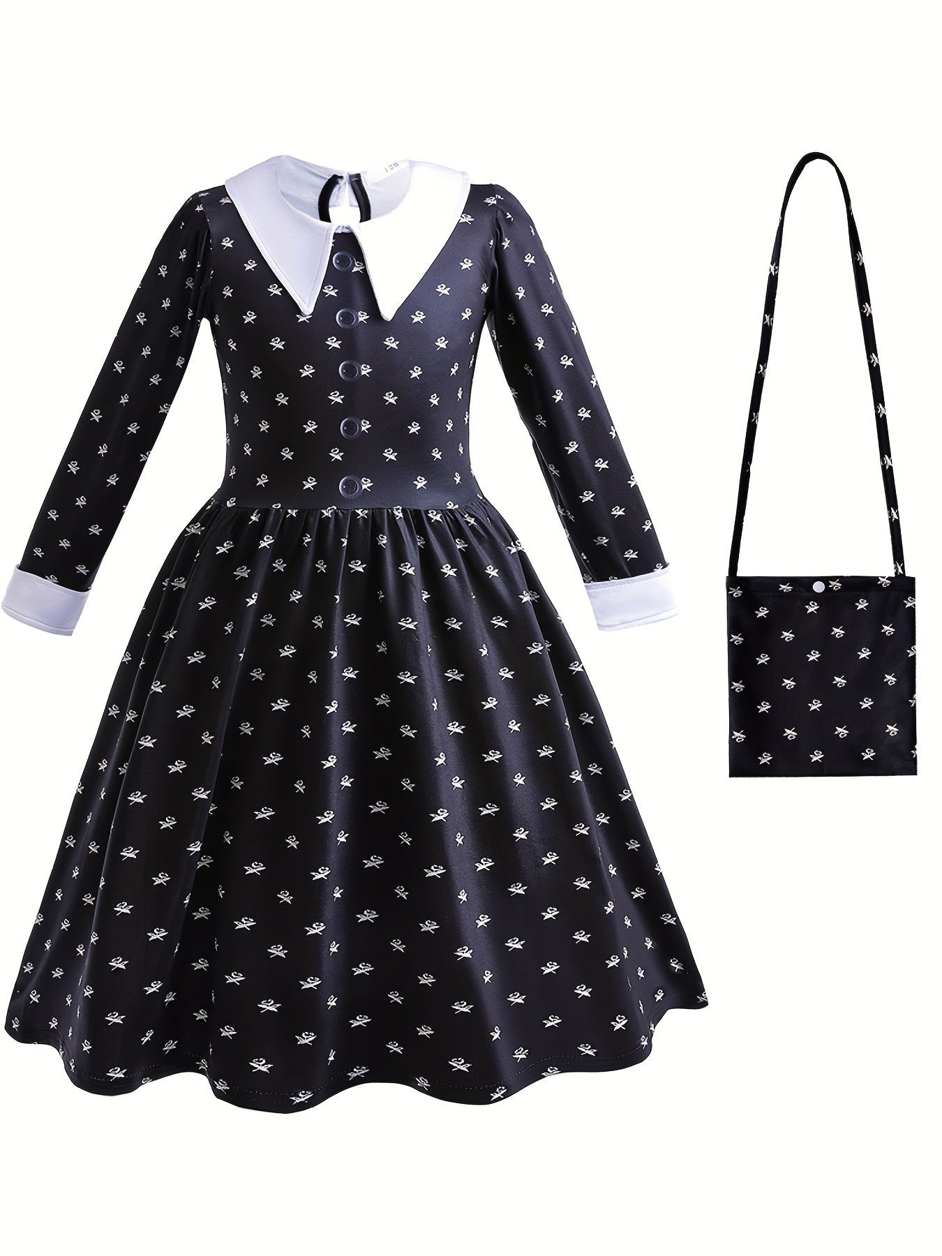 Kid Girls Collared Long Sleeve Tunic Dress With Bag Accessories Halloween Party