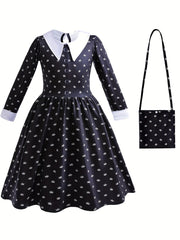 Kid Girls Collared Long Sleeve Tunic Dress With Bag Accessories Halloween Party