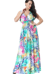 Floral Print Deep V Neck Maxi Dress Plus Size Sleeveless Medium Stretch