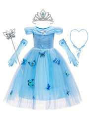 9pcs Girls Princess Dress Costume Set with Gloves, Crown & Wand
