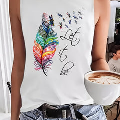 Feather Print Tank Top Sleeveless Crew Neck Casual Tops