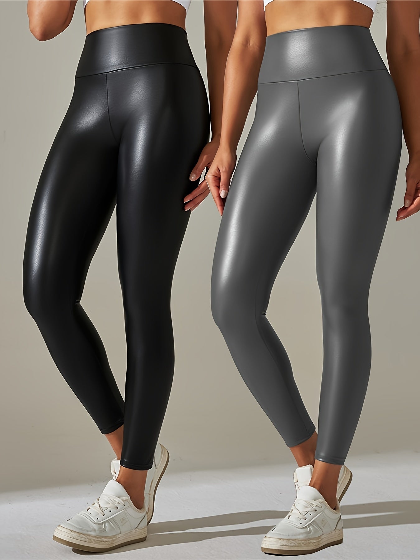 2Pcs High Waist PU Leather Yoga Pants for Women