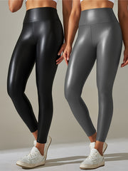 2Pcs High Waist PU Leather Yoga Pants for Women