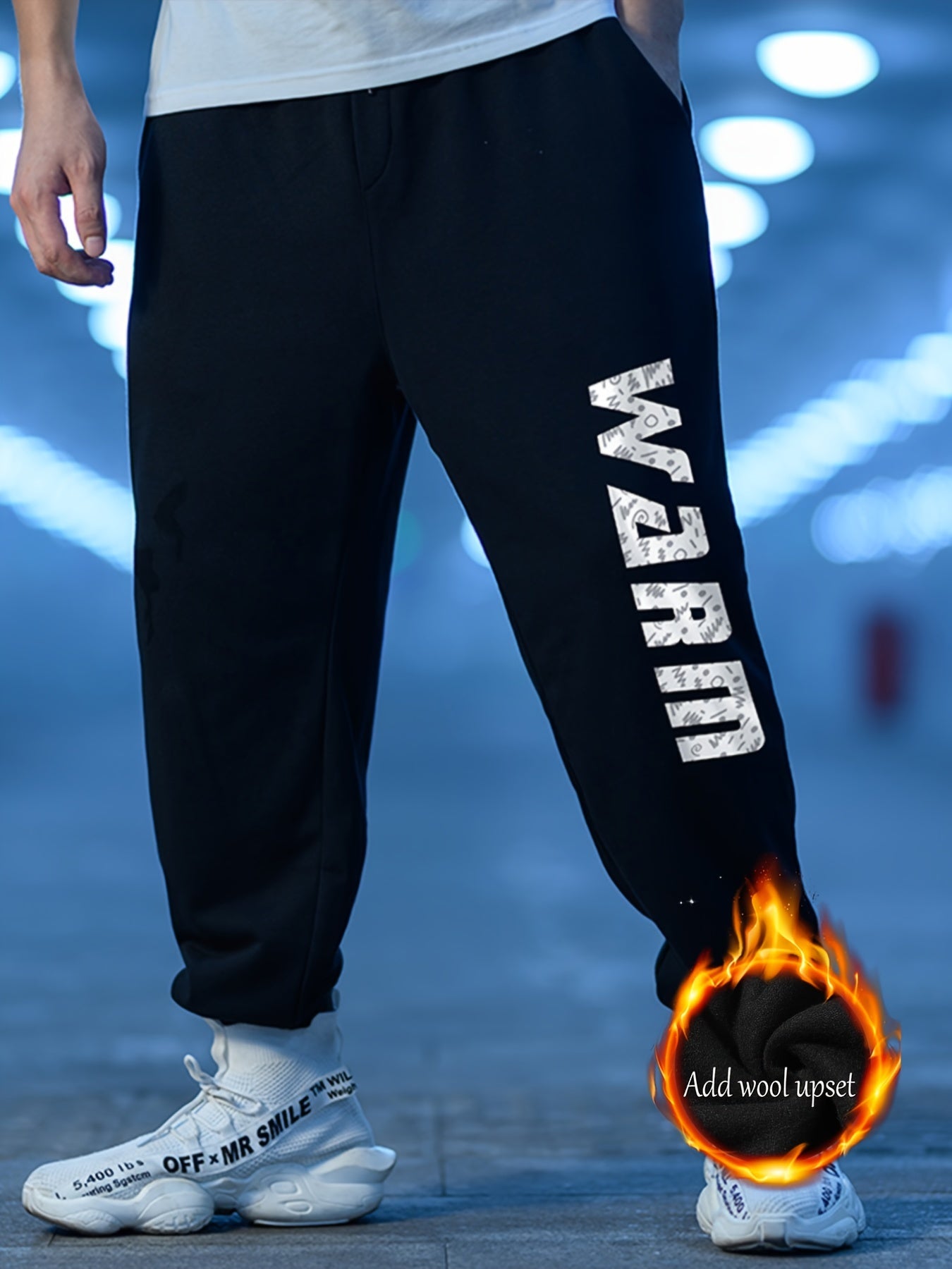 Men's Winter Fleece Sweatpants Loose Fit Alphabet Print Jogger Pants