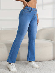 Embroidered Denim Jeans Slash Pockets High Stretch