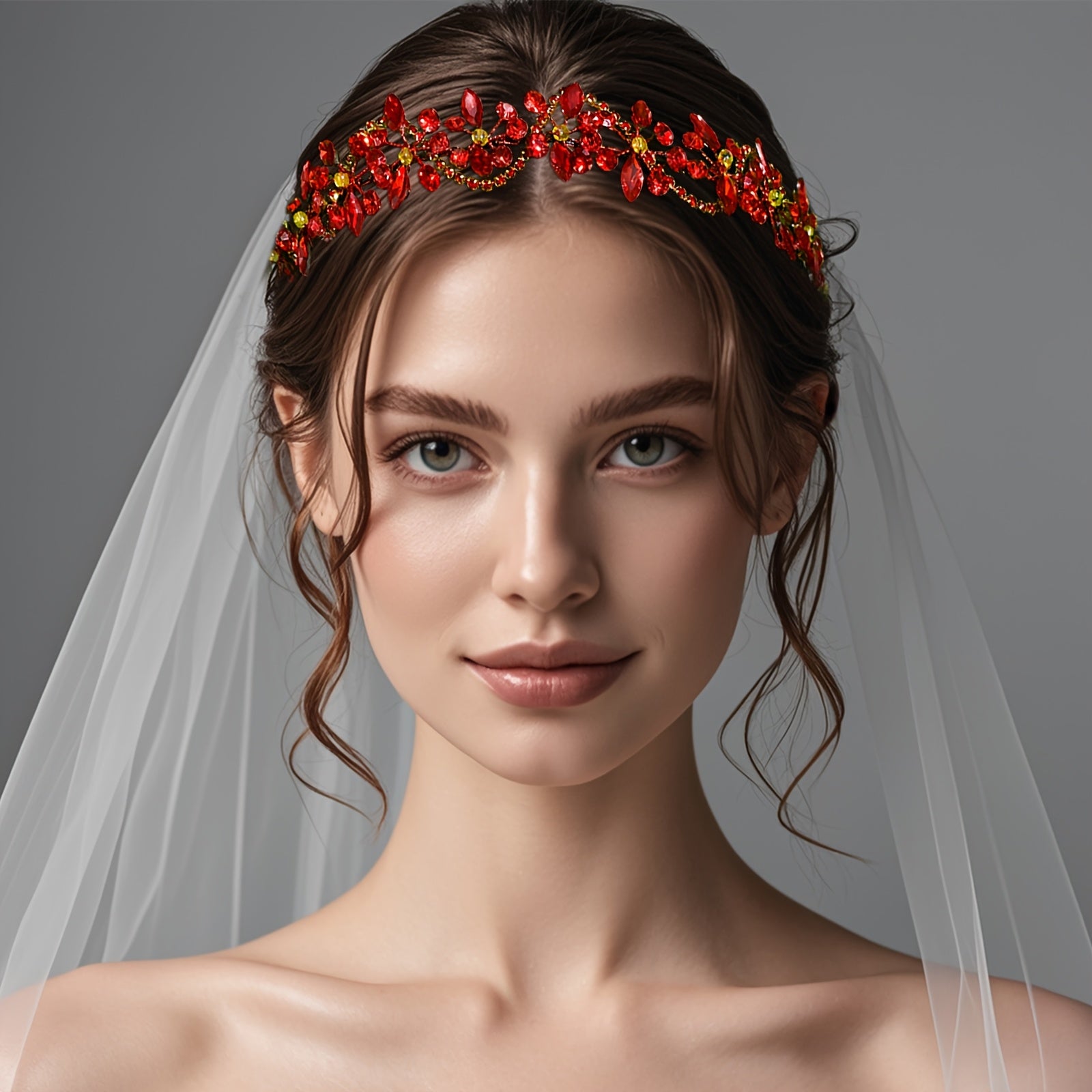 Vintage Red Rhinestone Bridal Headband for Women Floral Sparkling Accents