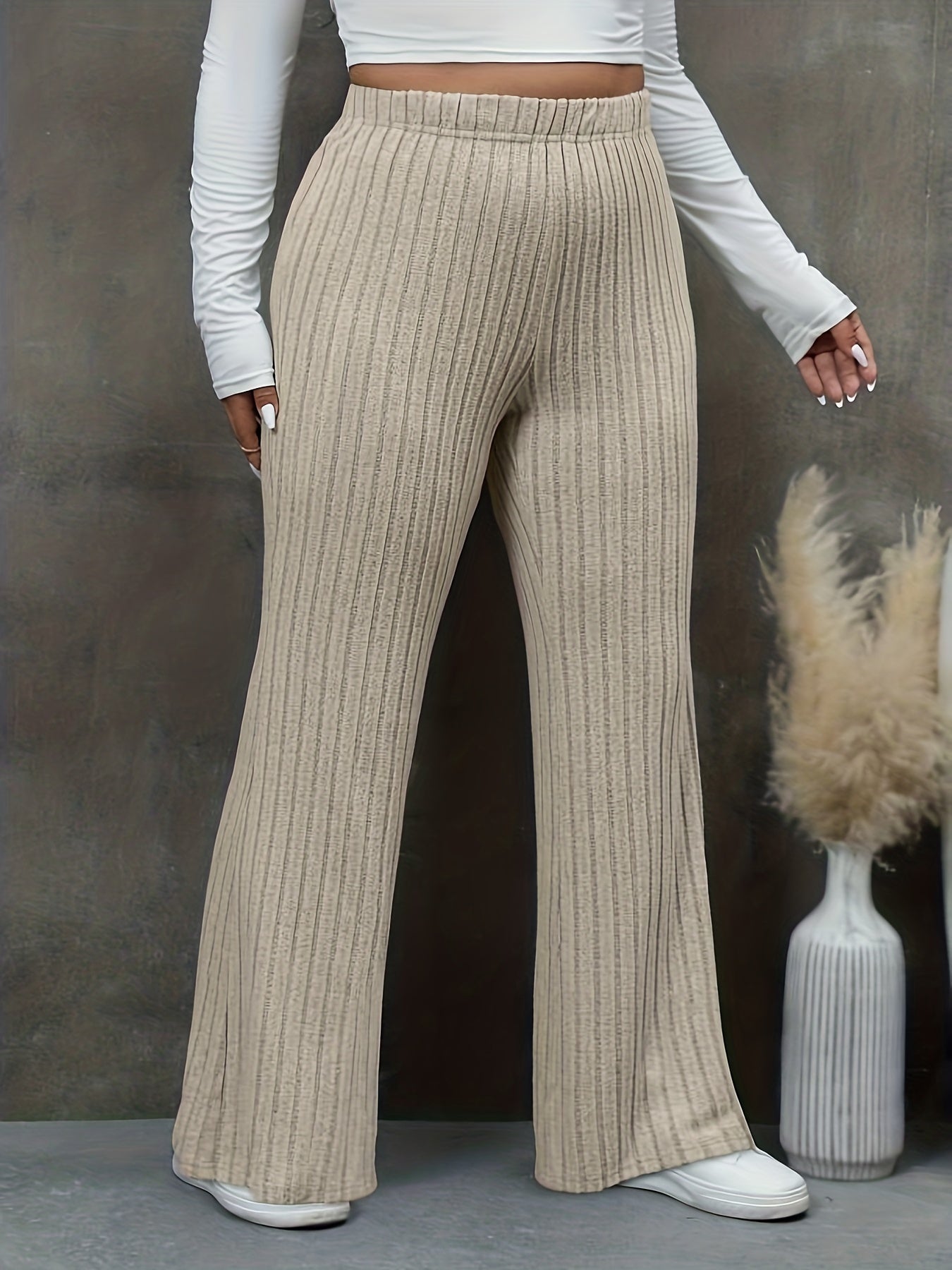 Ribbed High Rise Flare Leg Trousers