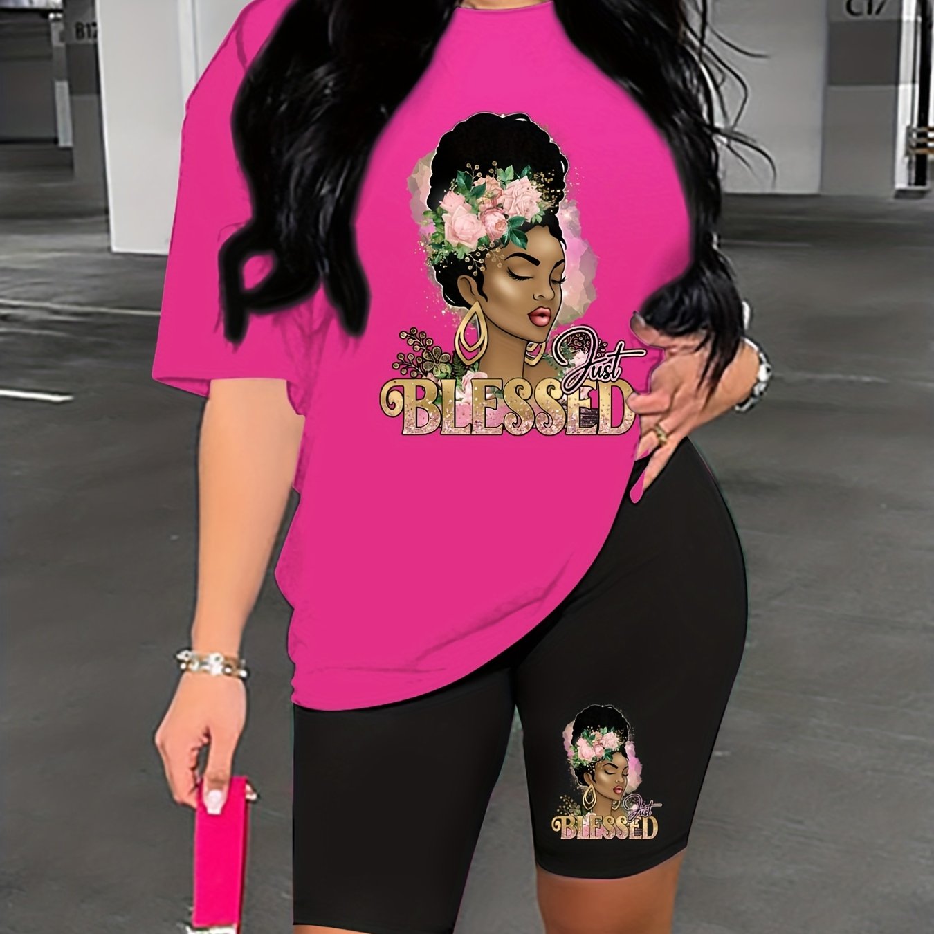 Flower Print Colorblock Lounge Set Short Sleeve Top & Cozy Shorts
