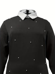 Women's Plus Colorblock Faux Pearl Long Sleeve Dress