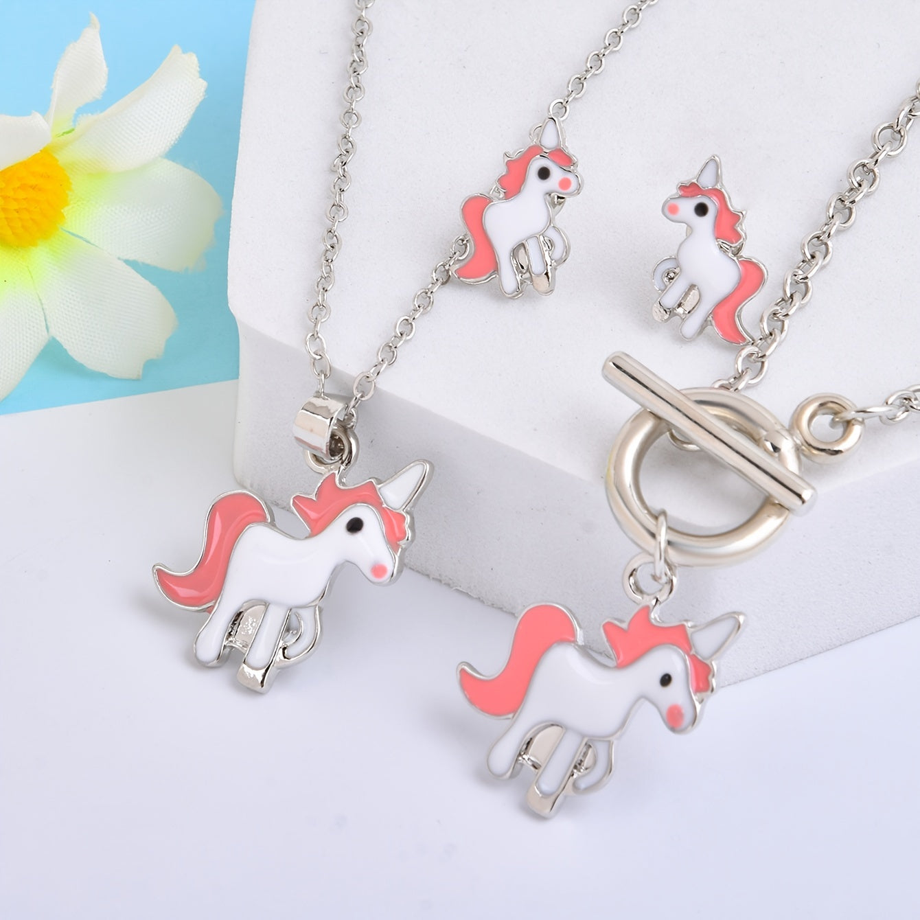 Unicorn Pendant Necklace & Earrings & Bracelet Set - Gift for Girls