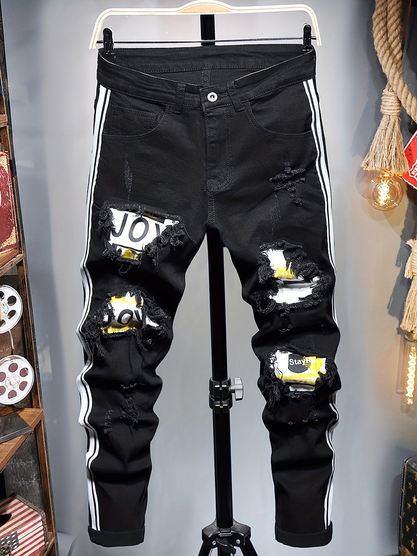 Stylish Patchwork Slim Fit Ripped Jeans Men's Casual Street Style Distressed