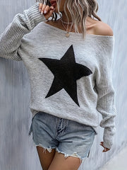 Star Pattern Crew Neck Pullover Sweater for Women