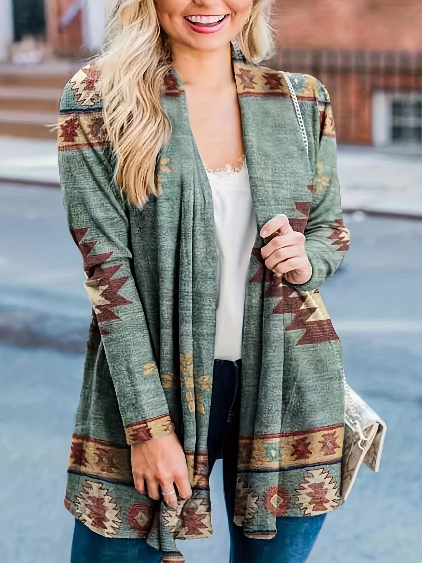 Boho Cardigan Women's Plus Colorblock Southwestern Print