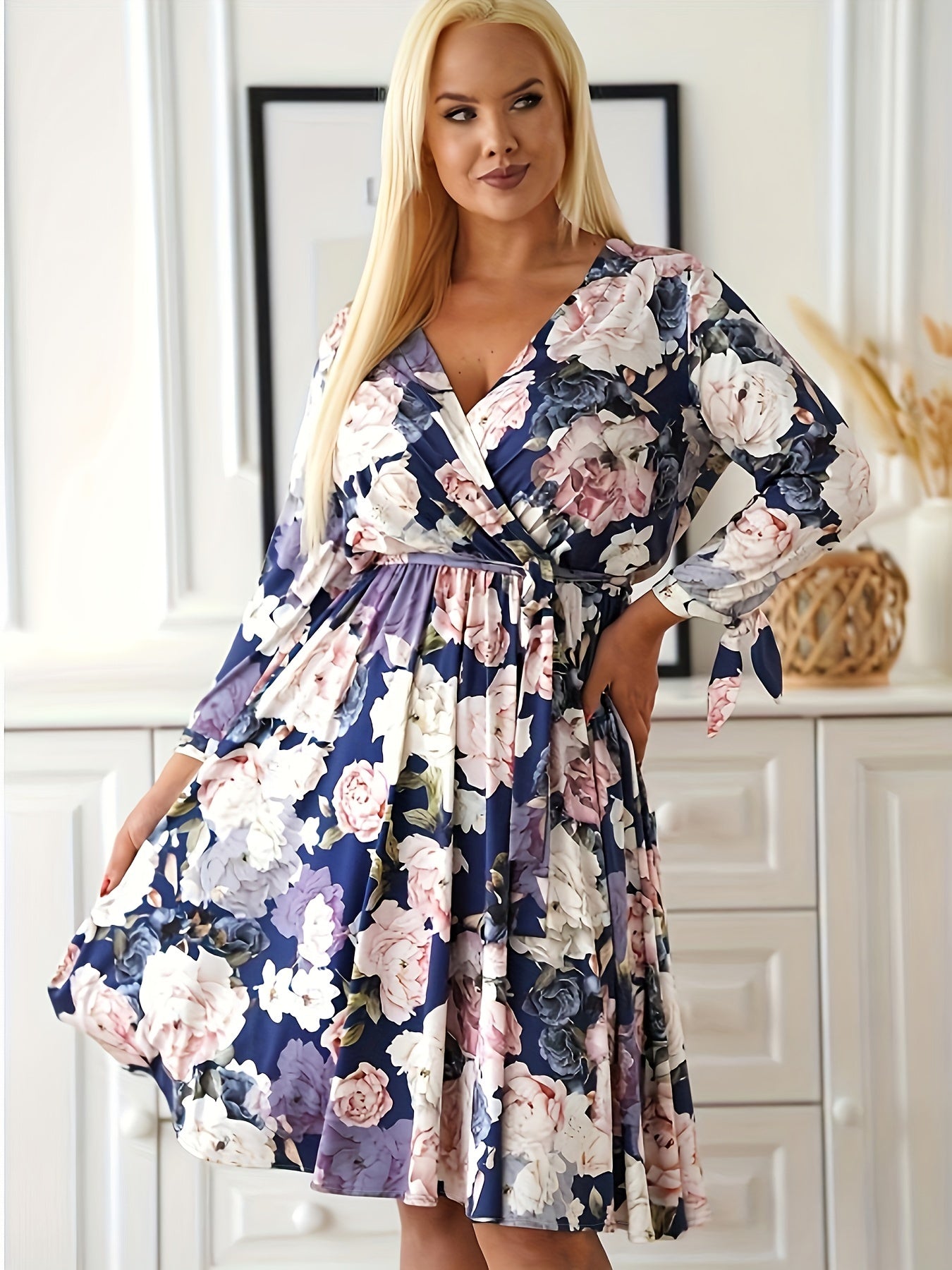 Plus Floral Print Knot Long Sleeve Surplice Neck Knee Length Dress With Belt