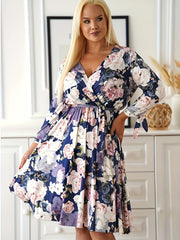 Plus Floral Print Knot Long Sleeve Surplice Neck Knee Length Dress With Belt