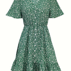 Floral Print V Neck Button Dress Short Sleeve Casual Dress