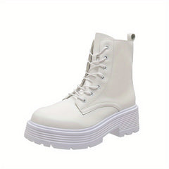 Platform Combat Boots Lace Up Zipper Ankle Faux Leather Short Boots