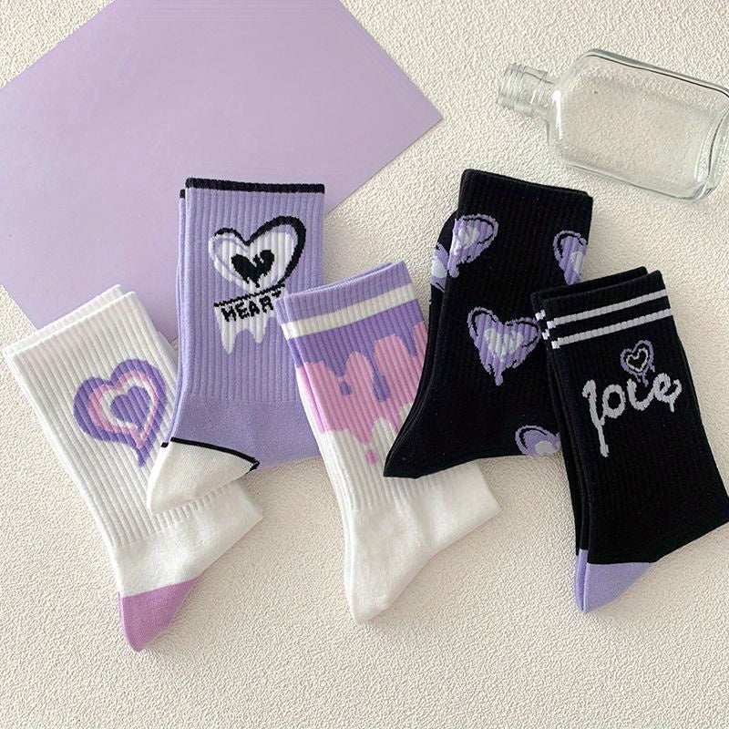 7 Pairs Heart Print Mid Tube Socks Women's Stockings & Hosiery