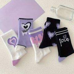 7 Pairs Heart Print Mid Tube Socks Women's Stockings & Hosiery