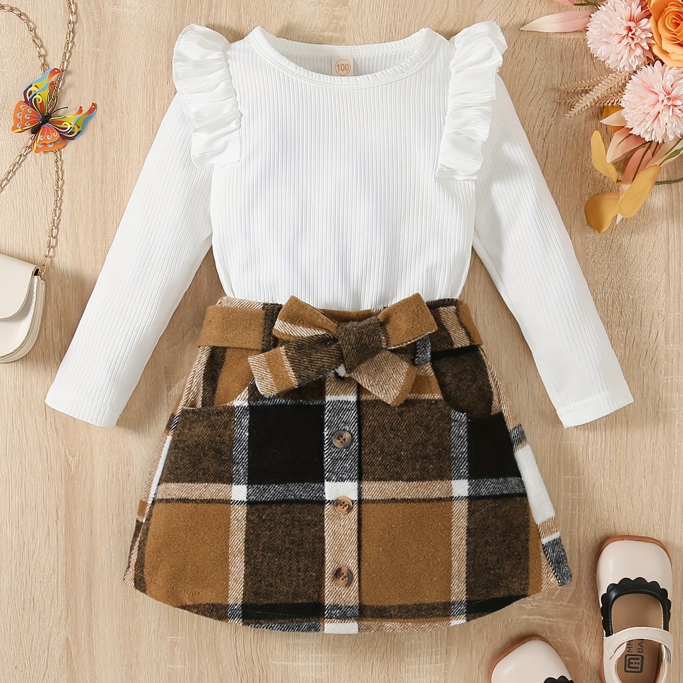Baby Girls Knitted Ruffle Top & Plaid Skirt Set