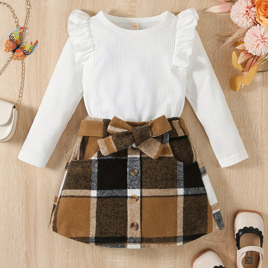 Baby Girls Knitted Ruffle Top & Plaid Skirt Set