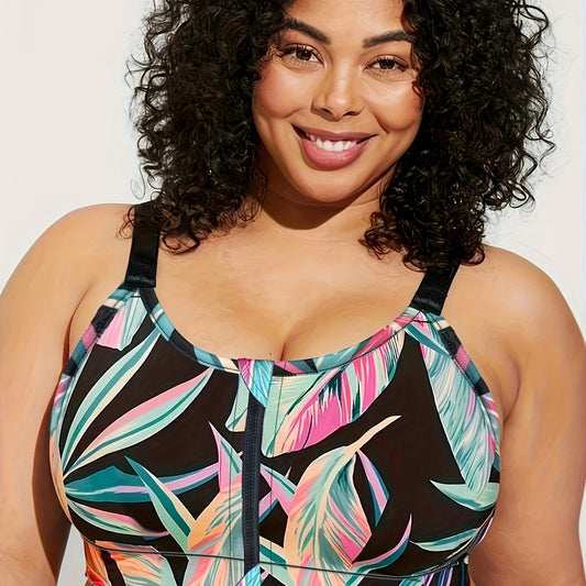 Tropical Print Zipper Front Sports Bra