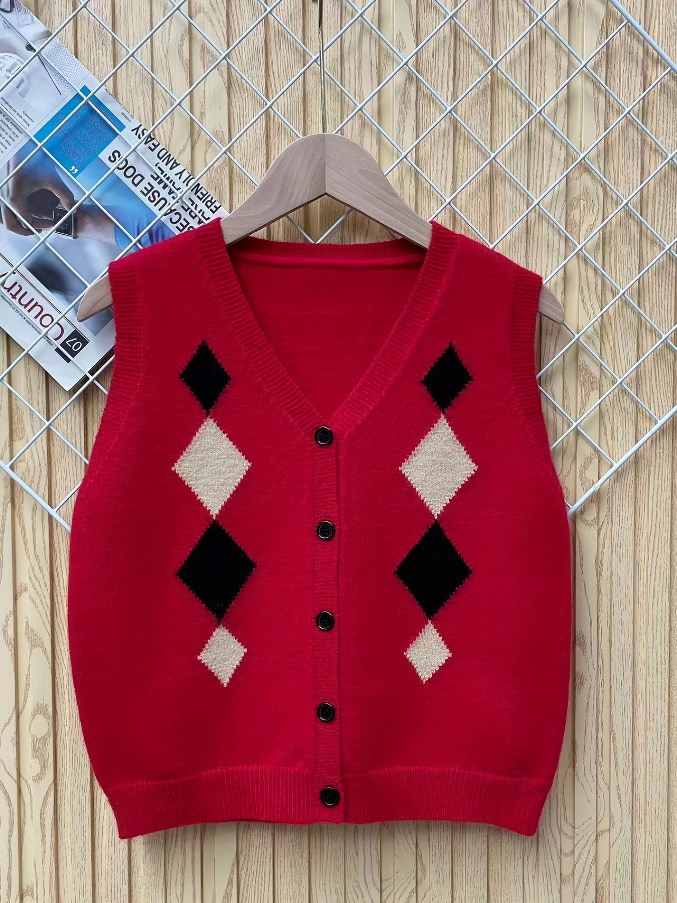 Boys Geometric Print Knitted Vest with Button