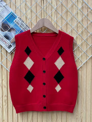 Boys Geometric Print Knitted Vest with Button