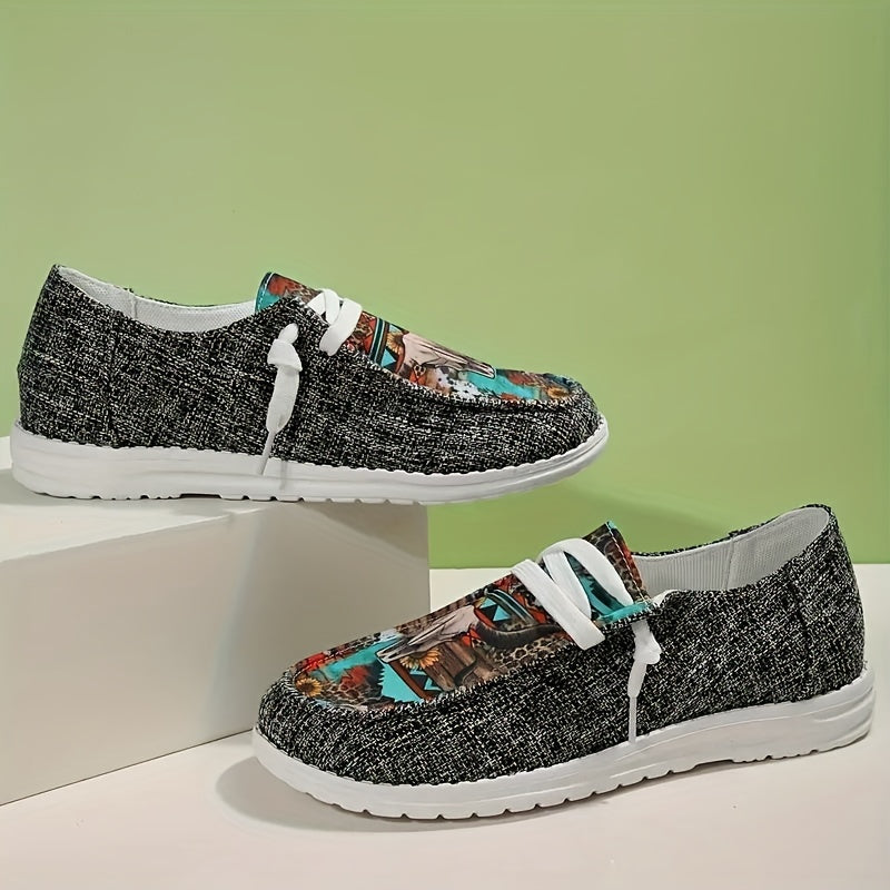 Women's Retro Bull & Floral Print Skate Shoes Lightweight Low Top