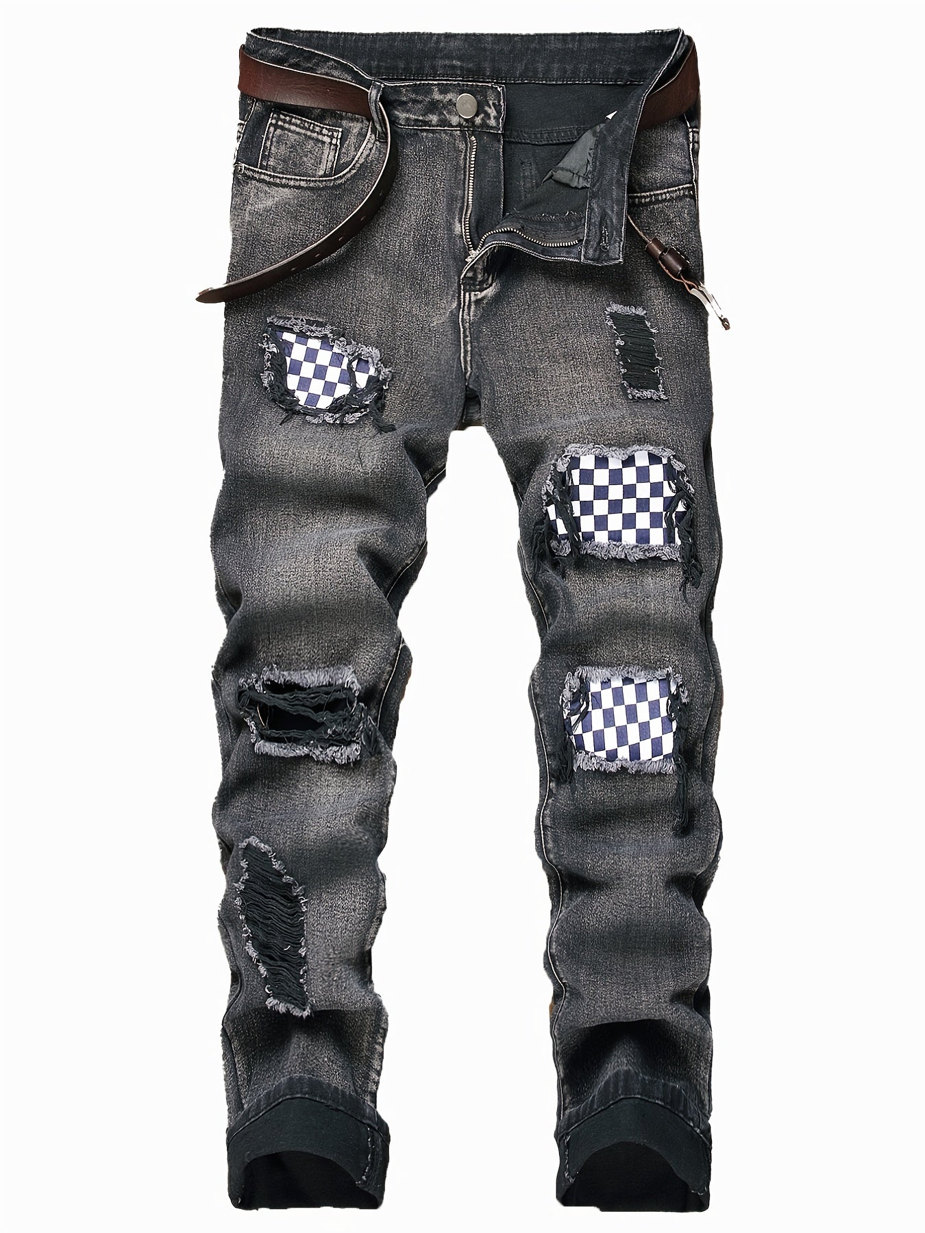 Men's Patchwork Ripped Jeans Casual Street Style Distressed Denim Pants