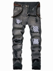 Men's Patchwork Ripped Jeans Casual Street Style Distressed Denim Pants
