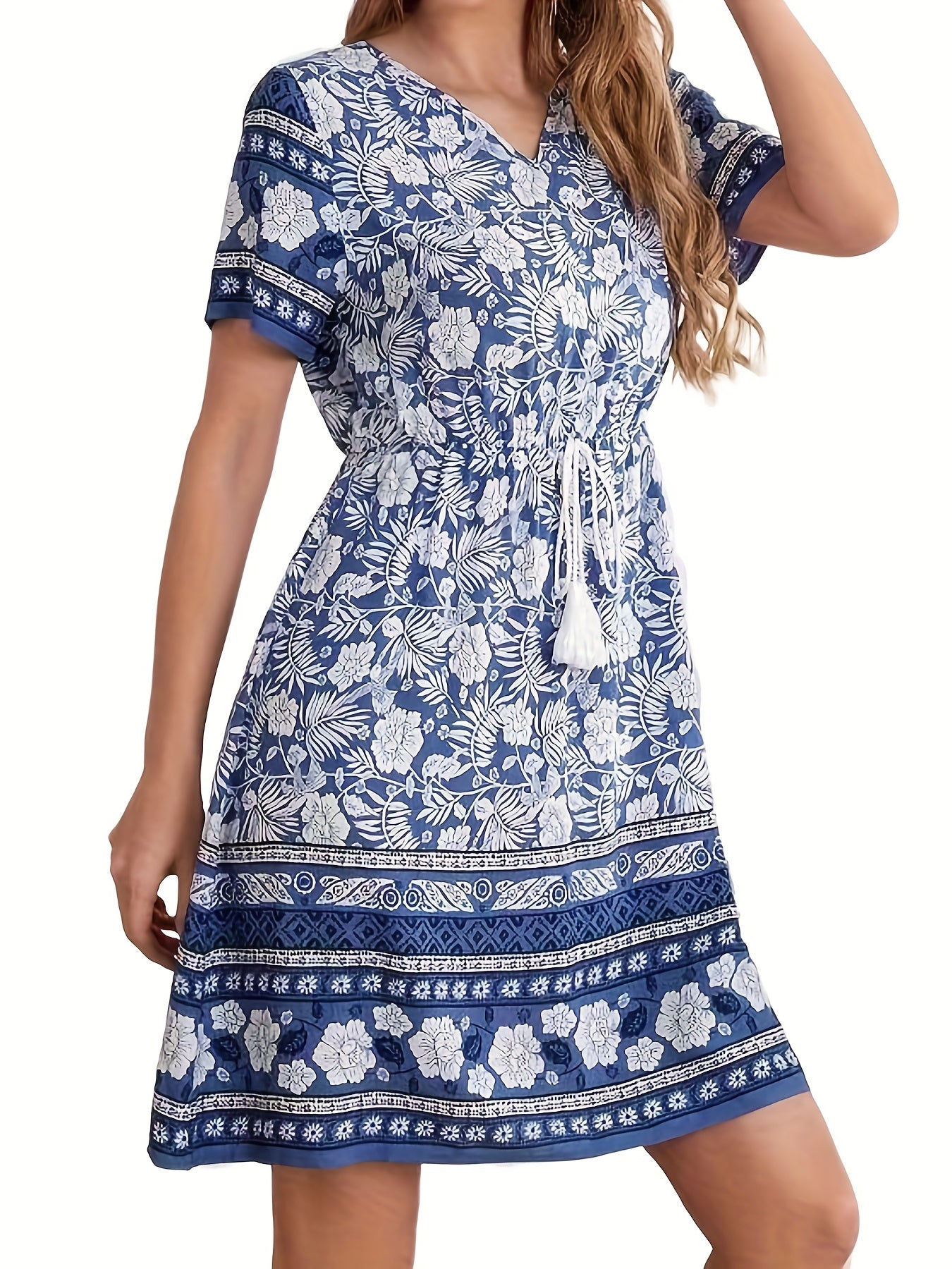 Boho Floral Notched Neck Dress Short Sleeve Drawstring Dress