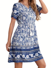 Boho Floral Notched Neck Dress Short Sleeve Drawstring Dress