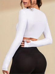 V Neck Crop Long Sleeve Top Solid Yoga Shirt