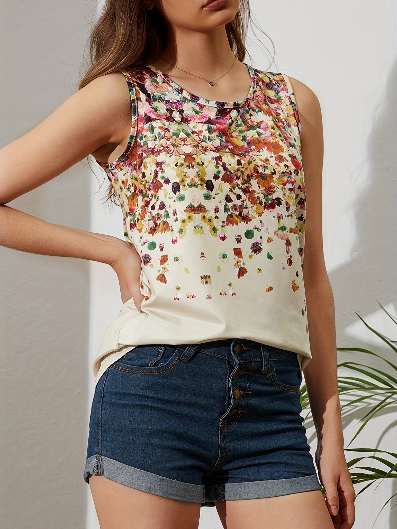 Vintage Floral Tank Top Sleeveless Crew Neck Casual