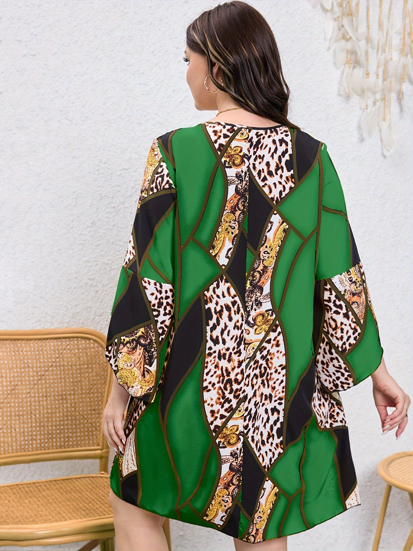 Colorblock Leopard Print Bell Sleeve Round Neck Casual Dress