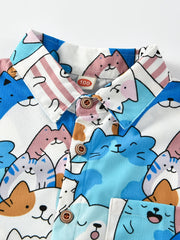 Cartoon Kitty Allover Collared Long Sleeve Shirt for Kids