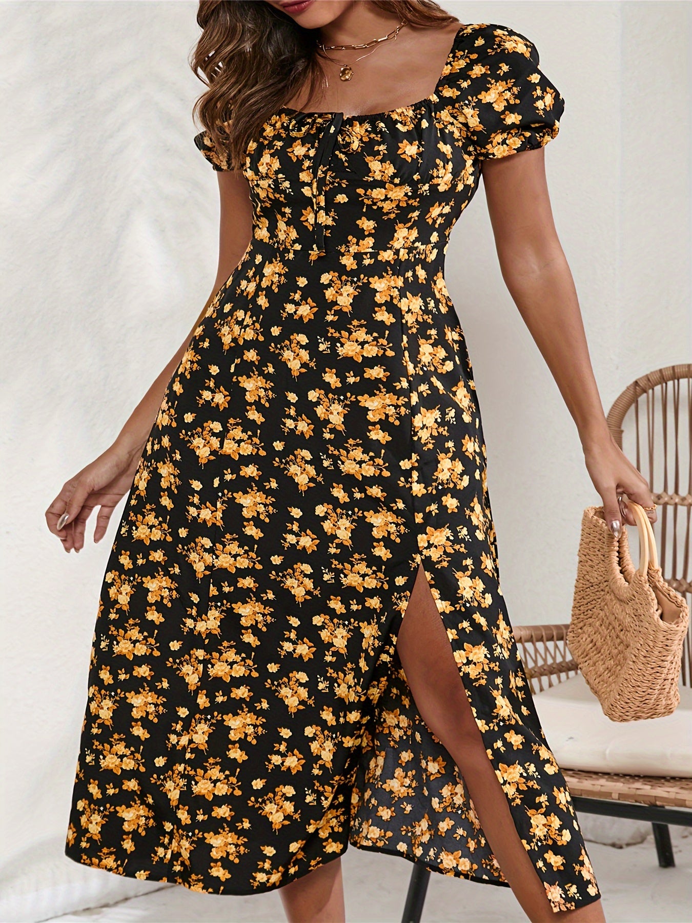 Sexy Dress Women's Plus Allover Floral Print Puff Sleeve Summer Dress
