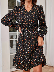 Ditsy Floral Print Shirred Dress V-Neck Ruffle Trim Women's Clothing