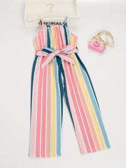Baby Girls Striped Jumpsuit Overalls With Belt Kids Clothes