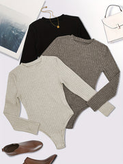 3 Pack Plus Size Ribbed Long Sleeve Round Neck Bodysuit Set