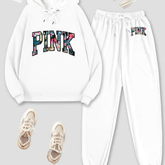 Letter Print Hoodies & Jogger Pants Set Solid Long Sleeve