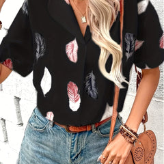 Feather Print Short Sleeve Blouse