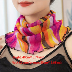 Striped Print Red Ruffles Gauze Neck Gaiter Ear Loop Veil Headband