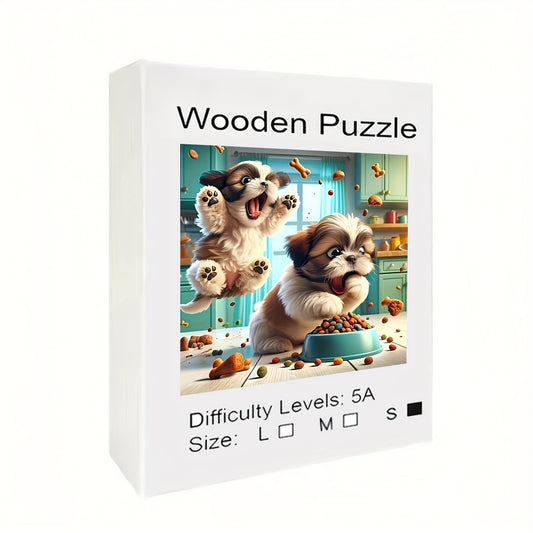 Vibrant Rainbow Wooden Jigsaw Puzzle for Adults - Two Hungry Puppies